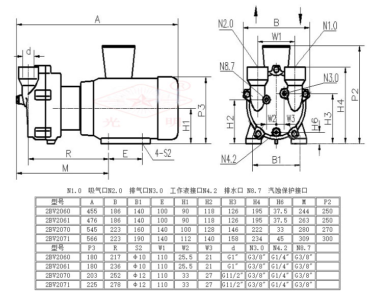 2BV型水環式真空泵的安裝尺寸圖