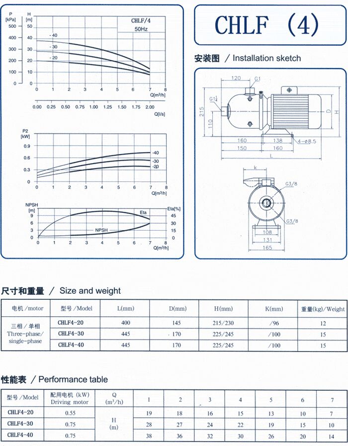 CHLF輕型立式不銹鋼多級離心泵安裝圖、尺寸、性能