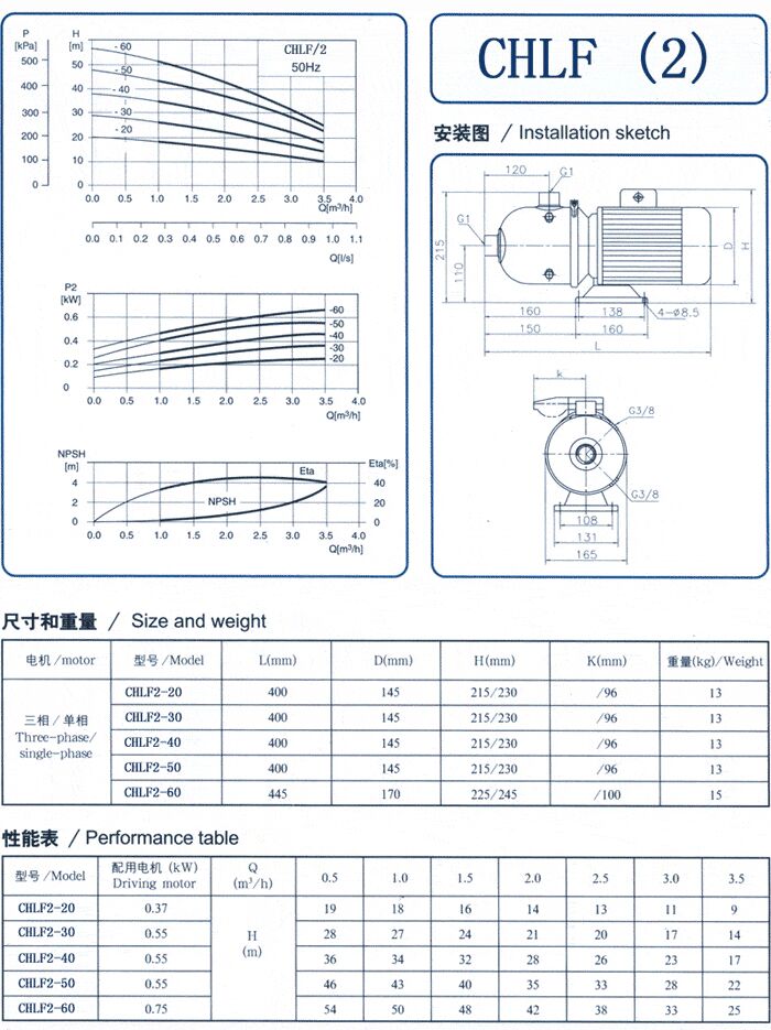CHLF輕型立式不銹鋼多級離心泵安裝圖、尺寸、性能